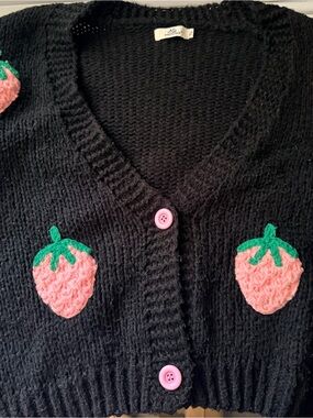 Black Strawberry Appliqué Cardigan Sweater -